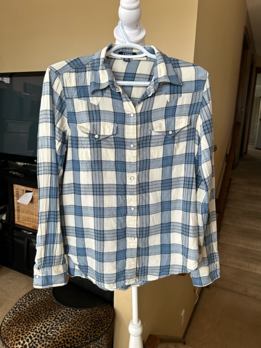 Chaps Blue & Cream Plaid Snap Button-Down western Shirt